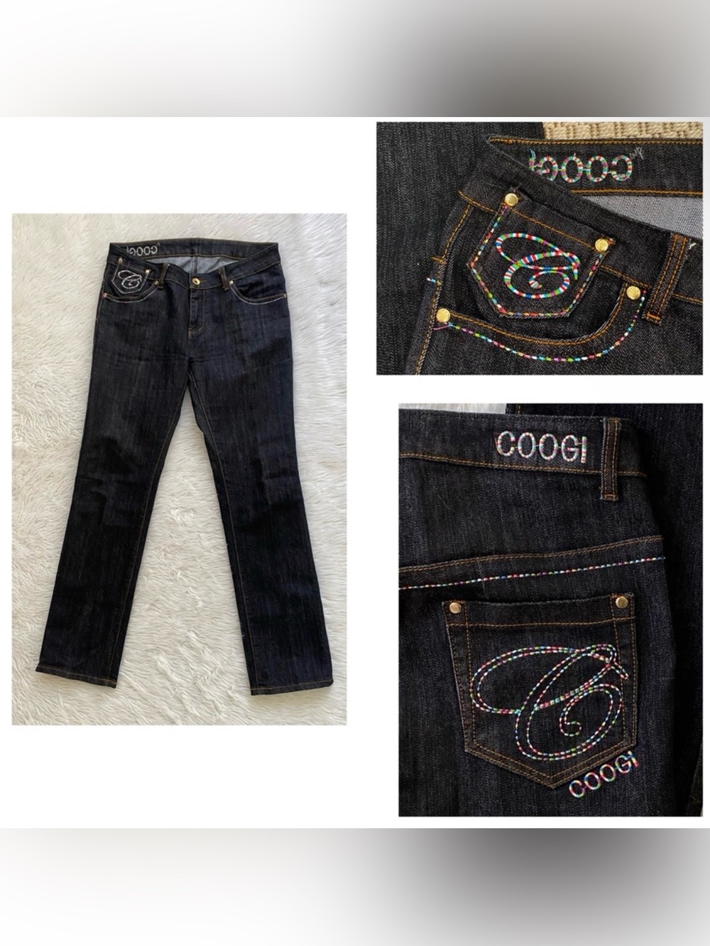 Fashion  Black Denim Jeans‎ Midi Rise Straight Leg Stretch Embroide Size 9/10